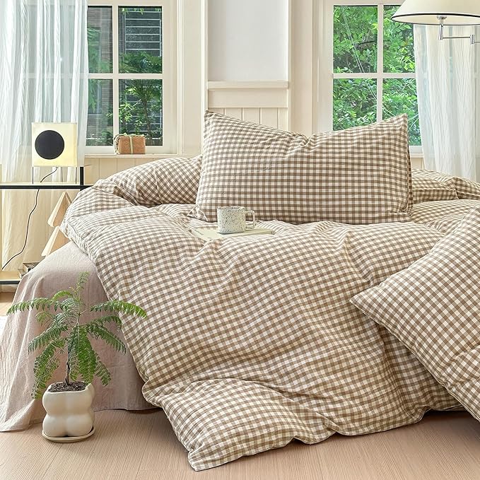 LifeTB Tan Gingham Grid Duvet Cover Queen 3 Pieces Beige Plaid Duvet Cover 100% Washed Cotton Boho Plaid Comforter Cover with 2 Pillowcases Farmhouse Checkered Gingham Bedding Set Queen