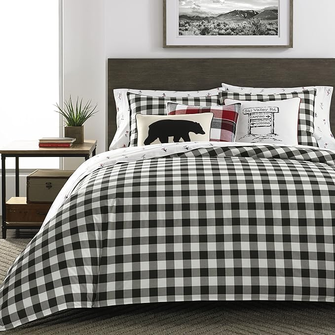 Eddie Bauer - King Comforter Set, Cotton Reversible Bedding, Buffalo Plaid Bedding Set (Black Check, King)