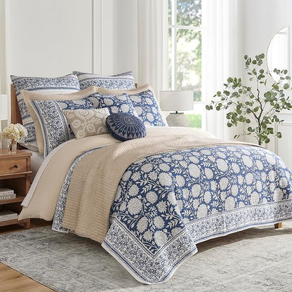 Levtex Home Adare Denim Reversible Twin/Twin XL Quilt Set (68x86in) with 1 Pillow Sham (26x20in) - Floral Bedding - Blue White - Cotton Twin Size Quilt Bedding Set - Lightweight, Soft, Pre-Washed