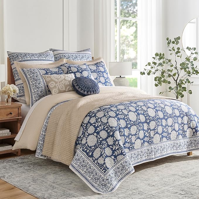 Levtex Home Adare Denim Reversible Full/Queen Quilt Set (88x92in) with 2 Pillow Shams (26x20in) - Floral Bedding - Blue White - Cotton Full/Queen Size Quilt Bedding Set - Lightweight, Soft, Pre-Washed