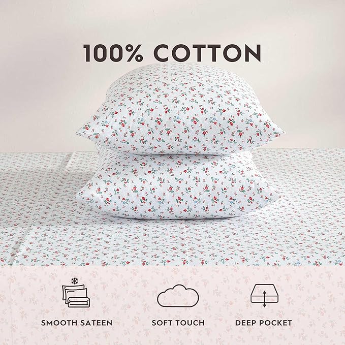 Laura Ashley - Full Sheet Set, Super Soft Cotton Percale Bedding Set with Matching Shams, Oeko-Tex Certified (Aylesmore Ditsy Red, Full)
