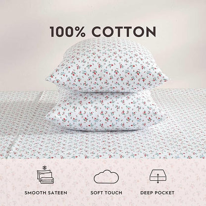 Laura Ashley - Full Sheet Set, Super Soft Cotton Percale Bedding Set with Matching Shams, Oeko-Tex Certified (Aylesmore Ditsy Red, Full)