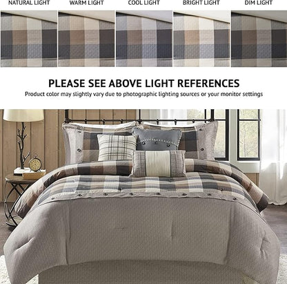 Madison Park Ridge Comforter Set-Cabin Lodge Plaid Herringbone Design All Season Down Alternative Cozy Bedding with Matching Bedskirt, Shams, Decorative Pillow, Queen(90"x90"), Neutral 7 Piece