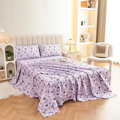 Paisley Floral Bed Sheets Queen Set, Purple Flower Printed Sheets for Queen Size Bed, Microfiber Fitted Sheet with 15" Deep Pocket and Corner Straps, Butterfly Patterned Sheet & Pillowcase Sets