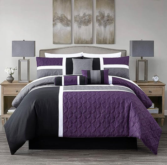 Chezmoi Collection Upland 7-Piece Quilted Patchwork Comforter Set, Purple/Black/Gray, California King