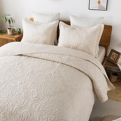 Travan 3-Piece Queen Quilt Set Quilted Bedspread Oversized Microfiber Lightweight Bedspread Coverlet Set with Shams Bedding Set for All Season, Beige, Queen Size