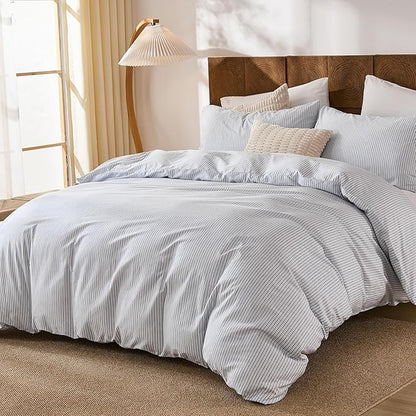 Merryword Striped Duvet Cover Set King Size - 100% Cotton Duvet Cover Set with Zipper Closure & 8 Corner Ties, Blue Pinstripe Bedding Set 3 Pieces, Soft Linen Like Bedding Set for All Seasons