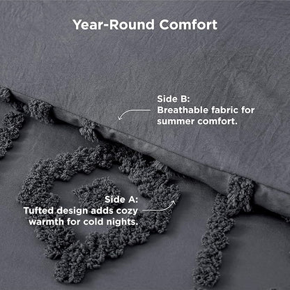 Bedsure Boho Tufted Grey Comforter Set Queen Size, GentleSoft™ 3 Pieces Boho Farmhouse Decor Bedding, Exquisite Shabby Chic Bedding for All Seasons, 1 Bed Comforter, 2 Pillow Shams, 90x90 Inches