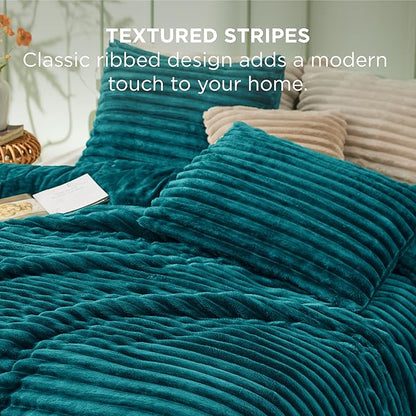 Bedsure Full Size Comforter Sets - GentleSoft™ 3 Pieces Double-Side Fleece Fluffy Teal Comforter Set, Cozy Striped Room Decor Aesthetic, Luxury Full Size Bedding, 2 Pillowcases, 82x86 Inches