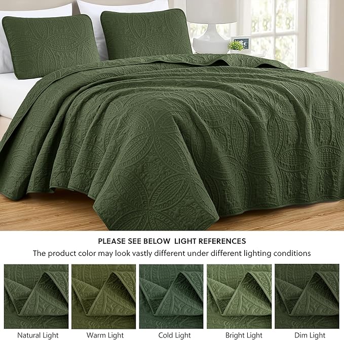Chezmoi Collection Austin King Oversized Bedspread Set, 3-Piece Pinsonic Quilted Lightweight Microfiber Bedspread Coverlet, Olive Green | Oversized, Lightweight, Fade Resistant