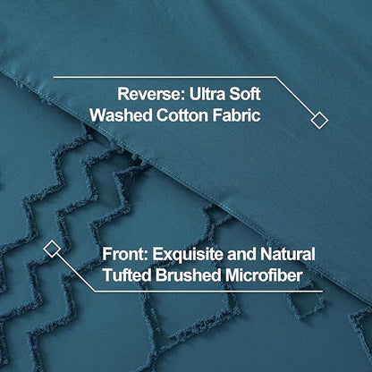 Andency Teal Tufted Comforter Set Full(79x90Inch), 3 Pieces(1 Boho Comforter, 2 Pillowcases) Textured Farmhouse Bed Set, Soft Microfiber Down Alternative Geometric Bedding