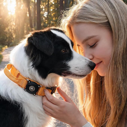 QR Code & AirTag Tactical Dog Collar - Military Grade Adjustable Reflective Collar with Control Handle, for Large Medium Dogs, Durable Nylon Metal Buckle (Yellow-L)
