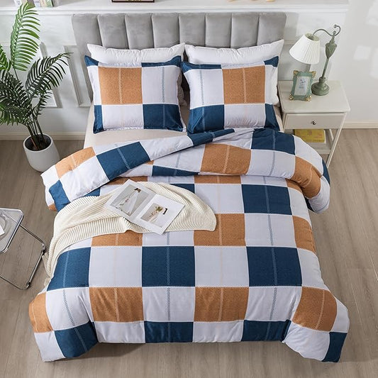 Caressma Plaid Checkered Comforter Set Navy Blue and Gray, Fluffy Brown Geometric Grid Buffalo 3 Pieces Comforter Set Queen with Two Matching Pillow Shams