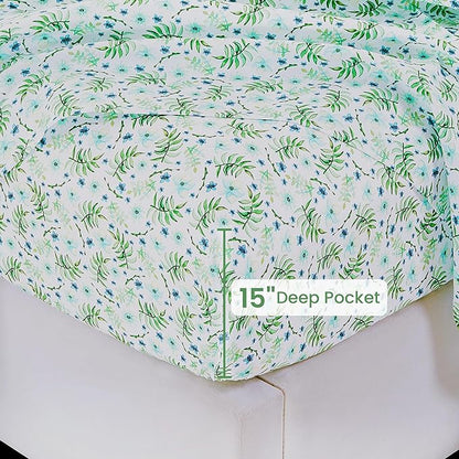 Softan Green Floral Full Sheet Set, Cozy Botanical Microfiber Printed Fitted Bed Sheet with 15" Deep Pockets & Non-Slip Straps, Fresh Greenery Blooms Patterned Sheets & Pillowcase Set