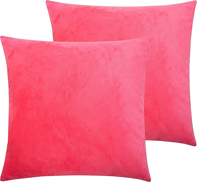 NTBAY Zippered Velvet Square Throw Pillow Covers, 2 Pack Soft and Luxury Decorative Cushion Cases, 18x18 Inches, Hot Pink