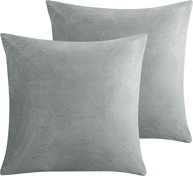 NTBAY Zippered Velvet Square Throw Pillow Covers, 2 Pack Soft and Luxury Decorative Cushion Cases, 18x18 Inches, Light Grey