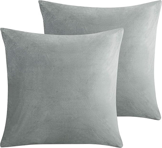 NTBAY Velvet 2 Pack Square Zippered Throw Pillow Covers, Super Soft and Luxury Euro Cushion Covers for Sofa, Couch, 24x24 Inches, Light Grey