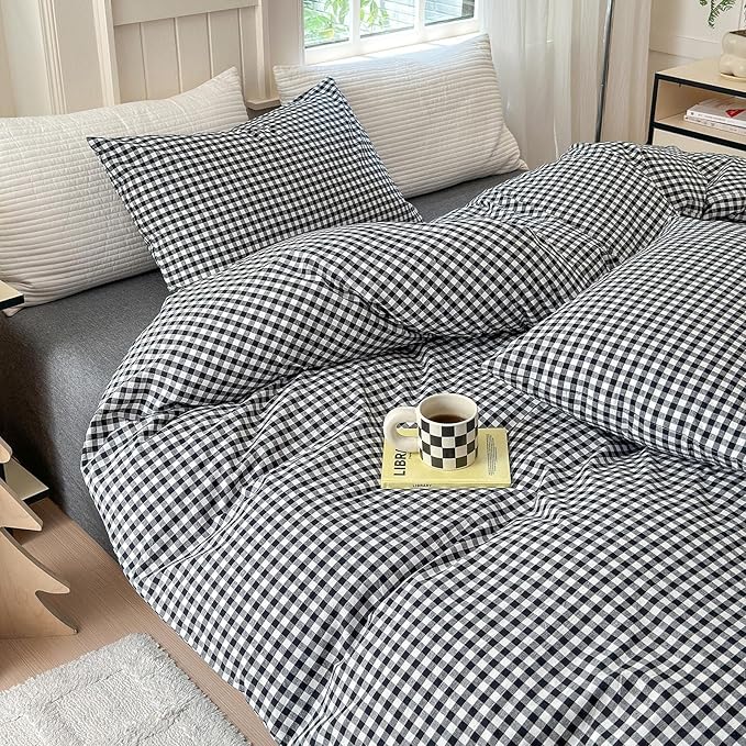 LifeTB Black White Gingham Duvet Cover Twin 100% Washed Cotton Breathable Plaid Duvet Cover with 2 Pillowcases Modern 3 Piece Grid Bedding Set Vintage Plaid Checkered Comforter Cover with Zipper Ties