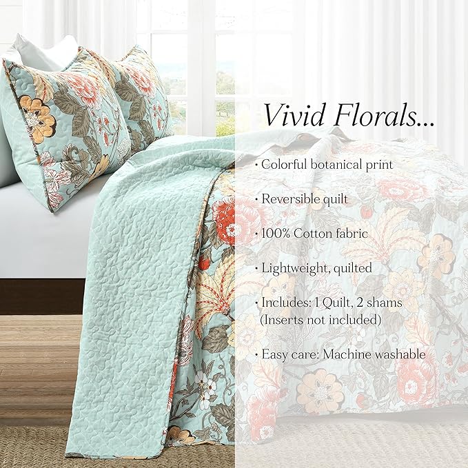 Lush Decor Sydney Reversible Cotton Quilt Set, 3 Piece Set, King, Blue & Green - Cotton Bedding Set - Blue Floral Quilt - Cottage Decor - Bedding King Size