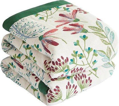 Boho Throw Blanket for Bed 60”x80”, 100% Cotton Woven Blanket for Couch Sofa, Ultra Soft 4-Layer Muslin Quilt with Floral Printed, Farmhouse Bed Blanket/Cover for Living Room Decor