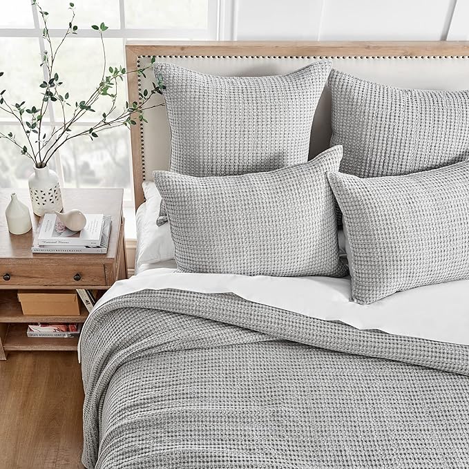 Levtex Home Mills Waffle Full Bedspread Set (100x104in) with 2 Pillow Shams (26x20in) - Grey - Cotton Waffle Full Size Bedspread Set - Lightweight, Soft, Pre-Washed