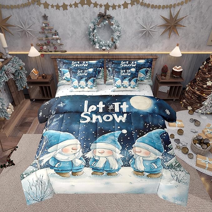 Castle Fairy Winter Night Comforter Set Bed in a Bag 7 Pieces King,Cute Gnome Retro Blue Tie Dye Bedding Set,Merry Christmas Theme (Comforter+Fitted+Flat Sheet+2 Pillowcases+2 Throw Pillow Covers)