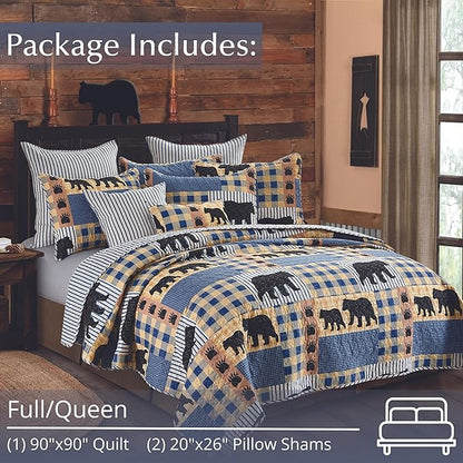 Virah Bella 3 Piece Queen Lodge Quilt Bedding Set - Black Bear Plaid - Rustic Cabin Country Reversible Camping Comforter Set with Decorative Pillow Shams, Blue/Black