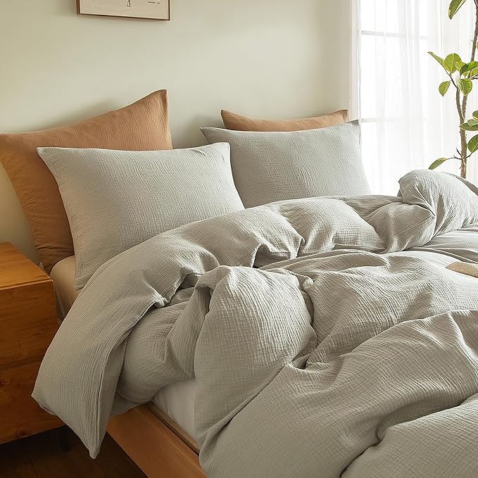 SE SOFTEXLY Muslin Duvet Cover Twin Size, 100% Washed Cotton Duvet Cover Set, Ultra Soft Comforter Cover Linen Like, 2 Pieces Minimalist Gauze Duvet Cover with 1 Pillowcase, 68"x90", Smoky-Green