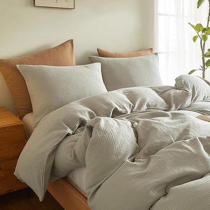 SE SOFTEXLY Muslin Duvet Cover Queen Size, 100% Washed Cotton Duvet Cover Set, Ultra Soft Comforter Cover Linen Like, 3 Pieces Minimalist Gauze Duvet Cover with 2 Pillowcases, 90"x90", Smoky-Green