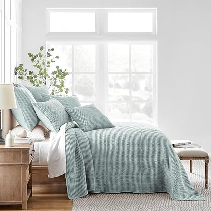Levtex Home Mills Waffle Twin Bedspread Set (84x104in) with 1 Pillow Sham (26x20in) - Spa - Cotton Waffle Twin Size Bedspread Set - Lightweight, Soft, Pre-Washed | Textured