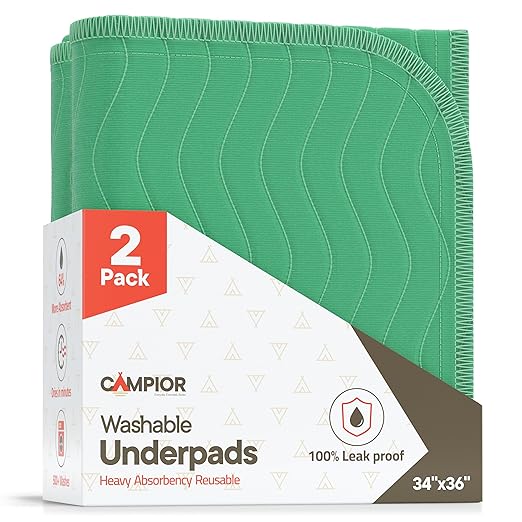 Washable Underpads Large 34"x36" (Pack of 2) – Reusable Waterproof Bed Pads for Adults & Seniors, Extra Heavy Absorbency Incontinence & Bedwetting Pads, Soft Non-Slip TPU Backing, Green.
