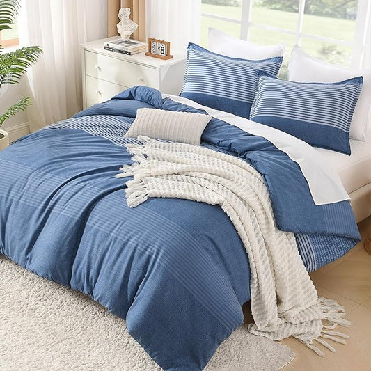 Litanika Comforter Set King Size Sapphire Blue - 3 Pieces Lightweight Sapphire Blue White Colorblock Stripe Fluffy Bedding Comforter Sets, All Season Bed Set