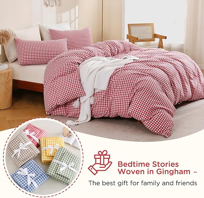 TOCOMOA Red Gingham Duvet Cover Bedding Set 100% Washed Cotton Like Linen Feel Super Soft Comfortable 3 Piece Cute Plaid Checkered Comforter Cover Set (King 104"x90", Comforter Not Included)