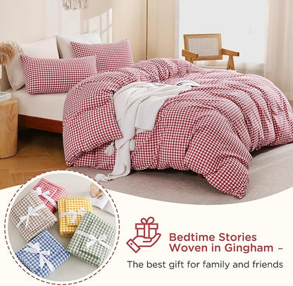 TOCOMOA Red Gingham Duvet Cover Bedding Set 100% Washed Cotton Like Linen Feel Super Soft Comfortable 3 Piece Cute Plaid Checkered Comforter Cover Set (King 104"x90", Comforter Not Included)