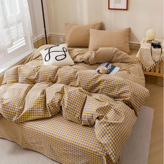 HighBuy Yellow Gingham Comforter Set Queen Size, Modern Chic Purple Plaid Pattern Comforter Fluffy with 2 Pillowcases for Men Women, 3 Pieces Lightweight Bedding Comforter Set for All Seasons