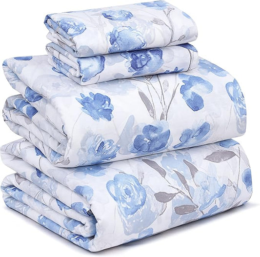 RUVANTI 100% Cotton Sheets – Full Size Percale Bedding, Cooling & Breathable Floral Design, Durable with a Crisp, Soft & Comfortable Feel, 16" Deep Pocket, 4-Piece Set, Monotones