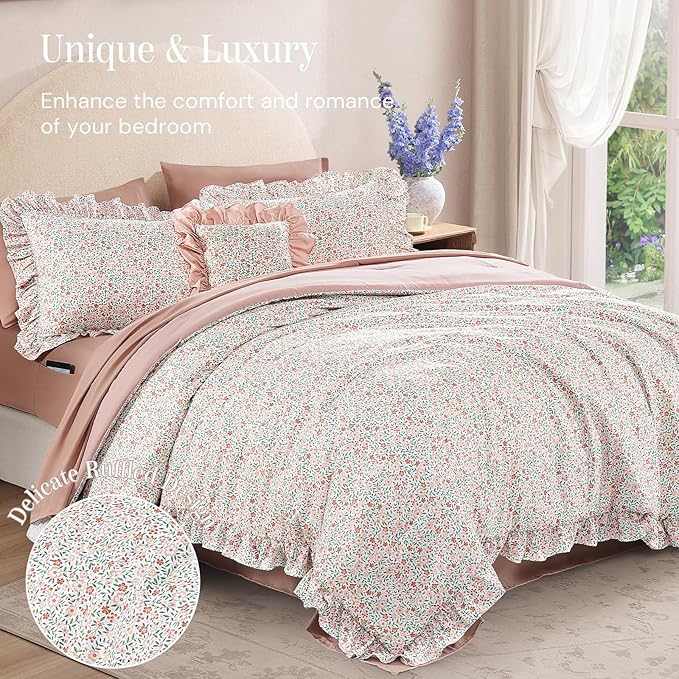 Twin XL Comforter Set - 5 Pieces Ruffle Pink Ditzy Bedding Sets, Shabby Chic Farmhouse Bed in a Bag Twin XL with Floral Comforter, Sheets, Pillowcase & Sham