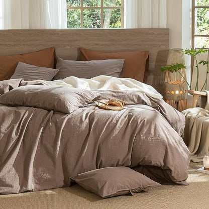 MooMee Wavy Striped Duvet Cover Set 100% Washed Cotton Linen Like Textured Breathable Durable Soft Comfy (Brown, Super Queen 90"x98")