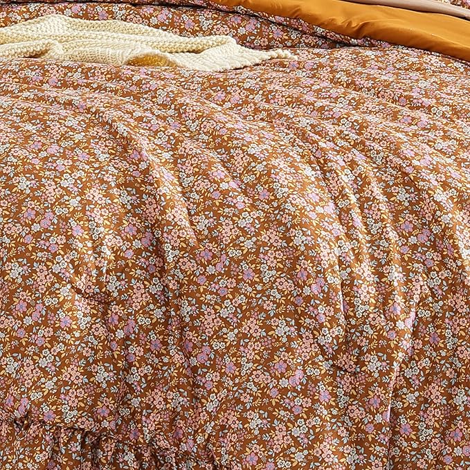 Queen Comforter Set - 7 Pieces Ruffle Brown Bedding Sets, Shabby Chic Farmhouse Bed in a Bag with Ruffle Comforter, Sheets, Pillowcases & Shams