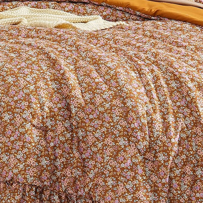Queen Comforter Set - 7 Pieces Ruffle Brown Bedding Sets, Shabby Chic Farmhouse Bed in a Bag with Ruffle Comforter, Sheets, Pillowcases & Shams