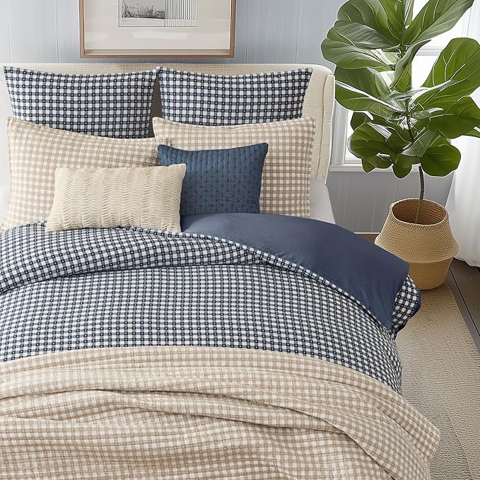 Levtex Home - Camden Gingham Stitch Taupe Quilt Set - Twin Quilt (68x86in) and 1 Standard Sham (20x26in) - Textured Gingham - Taupe and Cream - Reversible - Cotton | Textured
