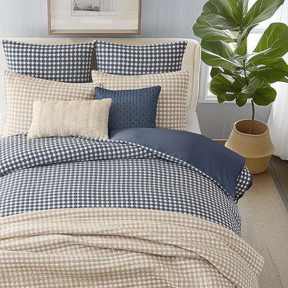 Levtex Home - Camden Gingham Stitch Taupe Quilt Set - Twin Quilt (68x86in) and 1 Standard Sham (20x26in) - Textured Gingham - Taupe and Cream - Reversible - Cotton | Textured