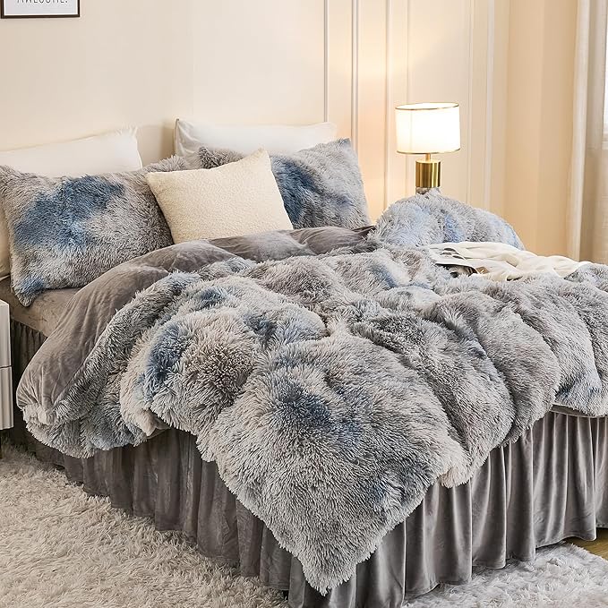 Andency Faux Fur Tie-Dyed Grey Blue Comforter Set Full Size, 3 Pieces Fluffy Fuzzy Plush Bedding Comforter Set (1 Shaggy Velvet Comforter & 2 Pillowcases), Soft Puffy Down Comforter Bedding Set
