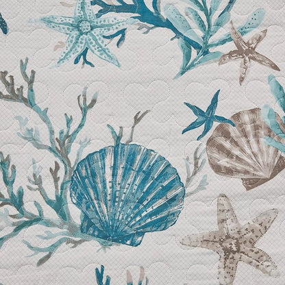 Madison Park Quilt Set Cottage Coastal Design, Starfish Print - All Season Lightweight Coverlet Bedding Layer, Shams, Toss Pillows, Pebble Beach, Aqua, Full/Queen(90 in x 90 in) 6 Piece