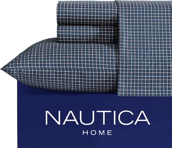 Nautica - Twin Sheets, Premium Cotton Percale Bedding Set, Plaid Home Decor, Oeko-Tex Certified (Reece Plaid Navy, Twin)