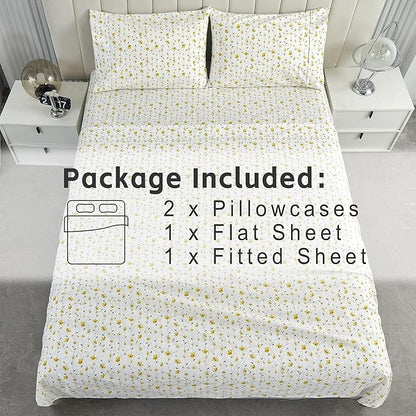 Softan King Sheet Set Yellow Floral Bed Sheets Printed Sheets - 4 Piece Soft Microfiber Patterned Fitted Sheets King with 15" Deep Pocket and Corner Straps, Cute Yellow Flower Sheets & Pillowcase Set