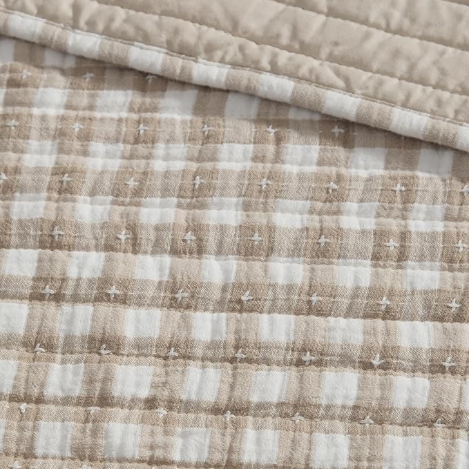 Levtex Home - Camden Gingham Stitch Taupe Quilted Throw (50x60in) - Textured Gingham - Lightweight Cotton Throw Blanket - Taupe and Cream - Reversible - Cotton