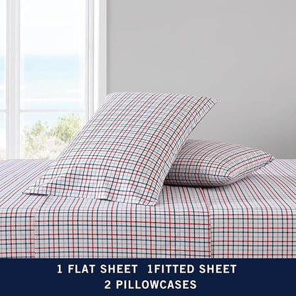 Nautica - Queen Sheet Set, Cotton Percale Bedding Set, Crisp & Cool, Lightweight & Breathable (Boating Tattersall Red, Queen)