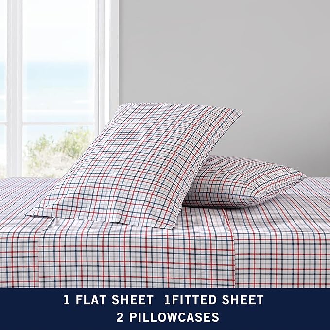 Nautica - King Sheet Set, Cotton Percale Bedding Set, Crisp & Cool, Lightweight & Breathable (Boating Tattersall Red, King)