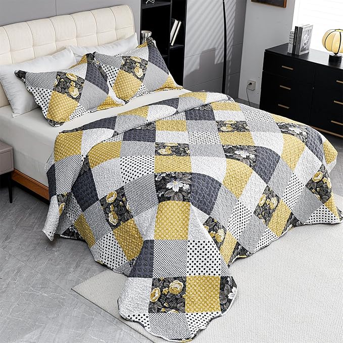 Cmfshape Summer Floral Queen Bedspread,Romantic Khaki Quilt Set Full,Reversible Stitched Bedding Set All Season,Soft Lightweight Coverlet with Pillow Cases (Khaki&Dark, Queen90 x90)